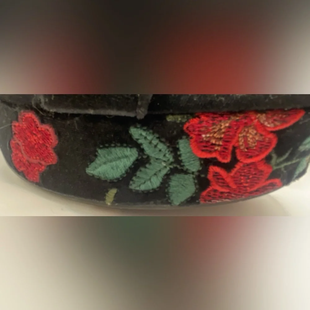 Libby Edelman Marcy Black Velvet Platforms with Red‎ Floral Embroidery